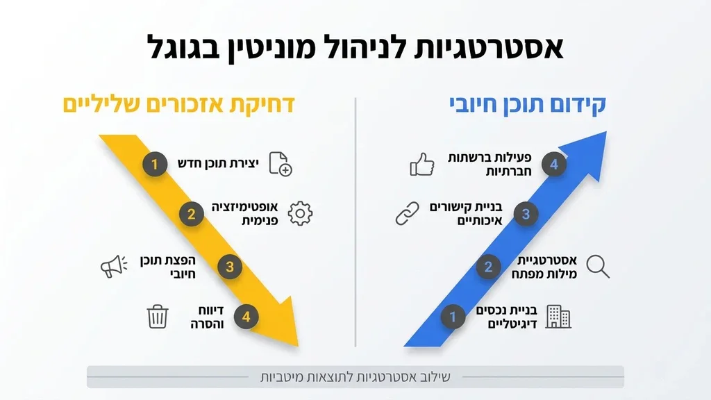 נוצר על ידי מודל בינה מלאכותית Gemini Pro תרשים זרימה המציג דחיקת תוכן שלילי וקידום תוכן חיובי