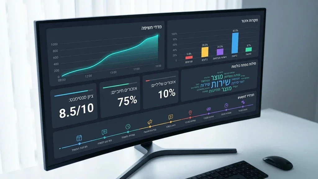 נוצר על ידי מודל בינה מלאכותית Gemini Pro מסך מחשב המציג נתוני ניטור וסטטיסטיקות של תוצאות חיפוש